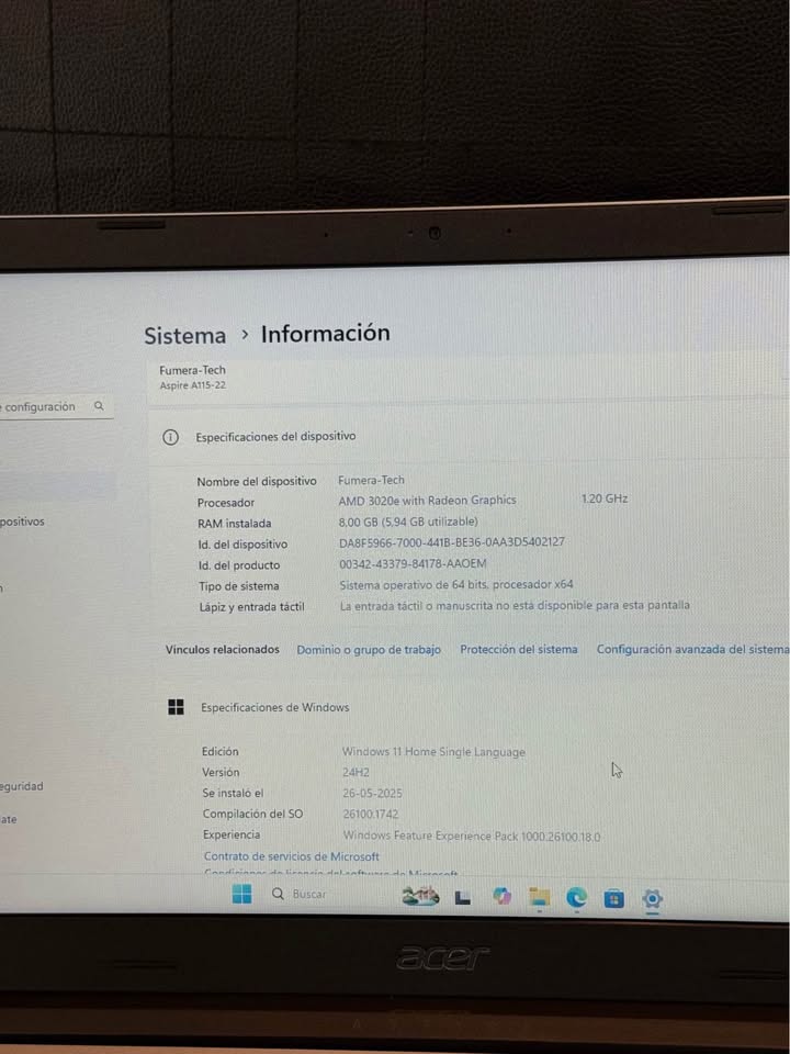 ACER ASPIRE 1 16" PULGADAS / AMD 3020E - 8GB RAM - 256GB SSD