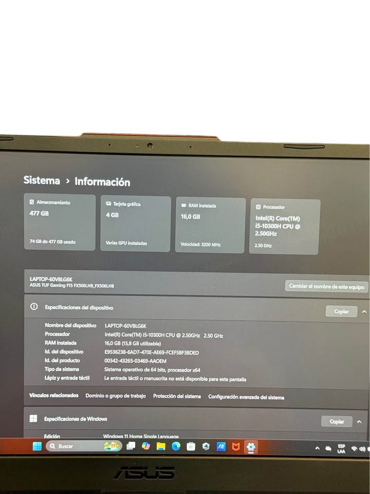 ASUS TUFBOOK GAMER 16" i5-10MA 16GB RAM 512GB SSD PANTALLA 144HZ NVIDIA GTX 1650 4GB