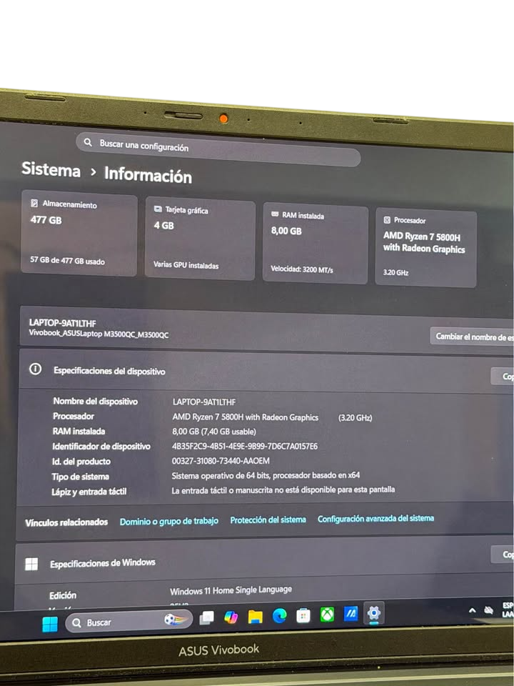Asus VivoBook M3500QC OLED | Ryzen 7 5800H | 8GB RAM | 512GB SSD | RTX 3050 4GB | Pantalla OLED | Slim