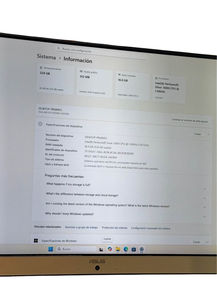 AIO ASUS Vivo AiO 22 21.5" FHD Intel Pentium J5005 | 16GB RAM | 256GB SSD