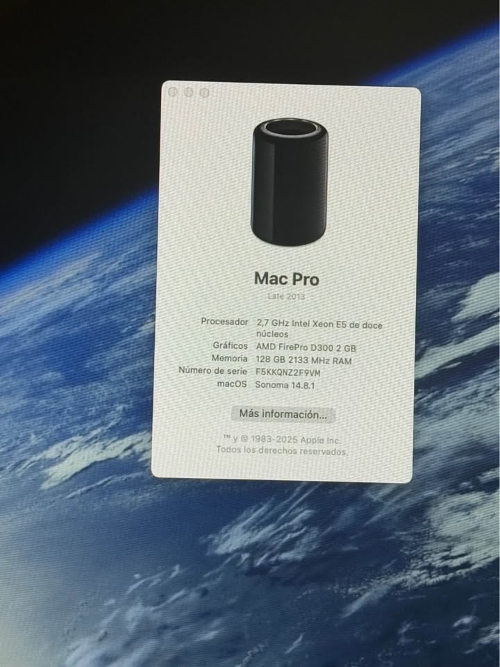 Apple Mac Pro 6.1 Intel Xeon E5 12 Nucleos | 128GB RAM | 1TB SSD | 2 D300 2GB