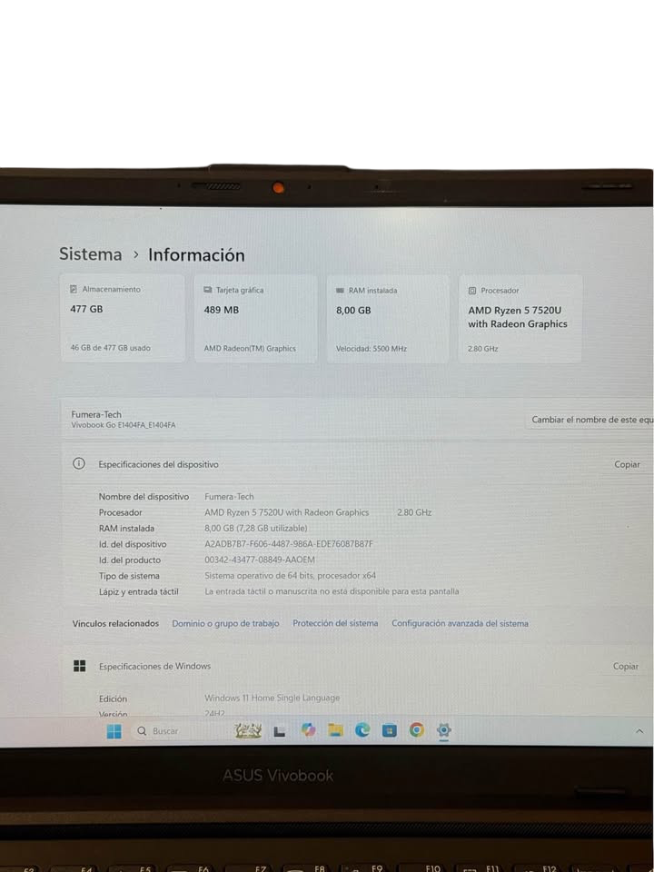ASUS VIVOBOOK GO RYZEN 5 7000 8 GB RAM DDR5 5500Mhz 512GB SSD M2