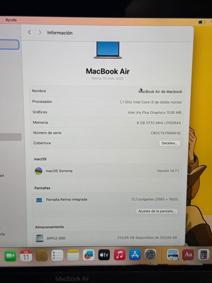 APPLE MACBOOK AIR RETINA 2020 INTEL i3 8 GB RAM 256 GB SSD
