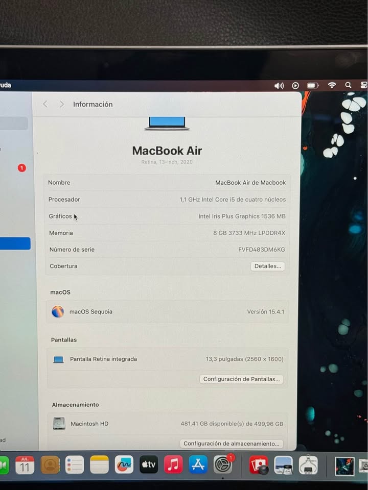 APPLE MACBOOK AIR RETINA 2020 INTEL i5 CUATRO NUCLEO 8 GB RAM 512GB SSD