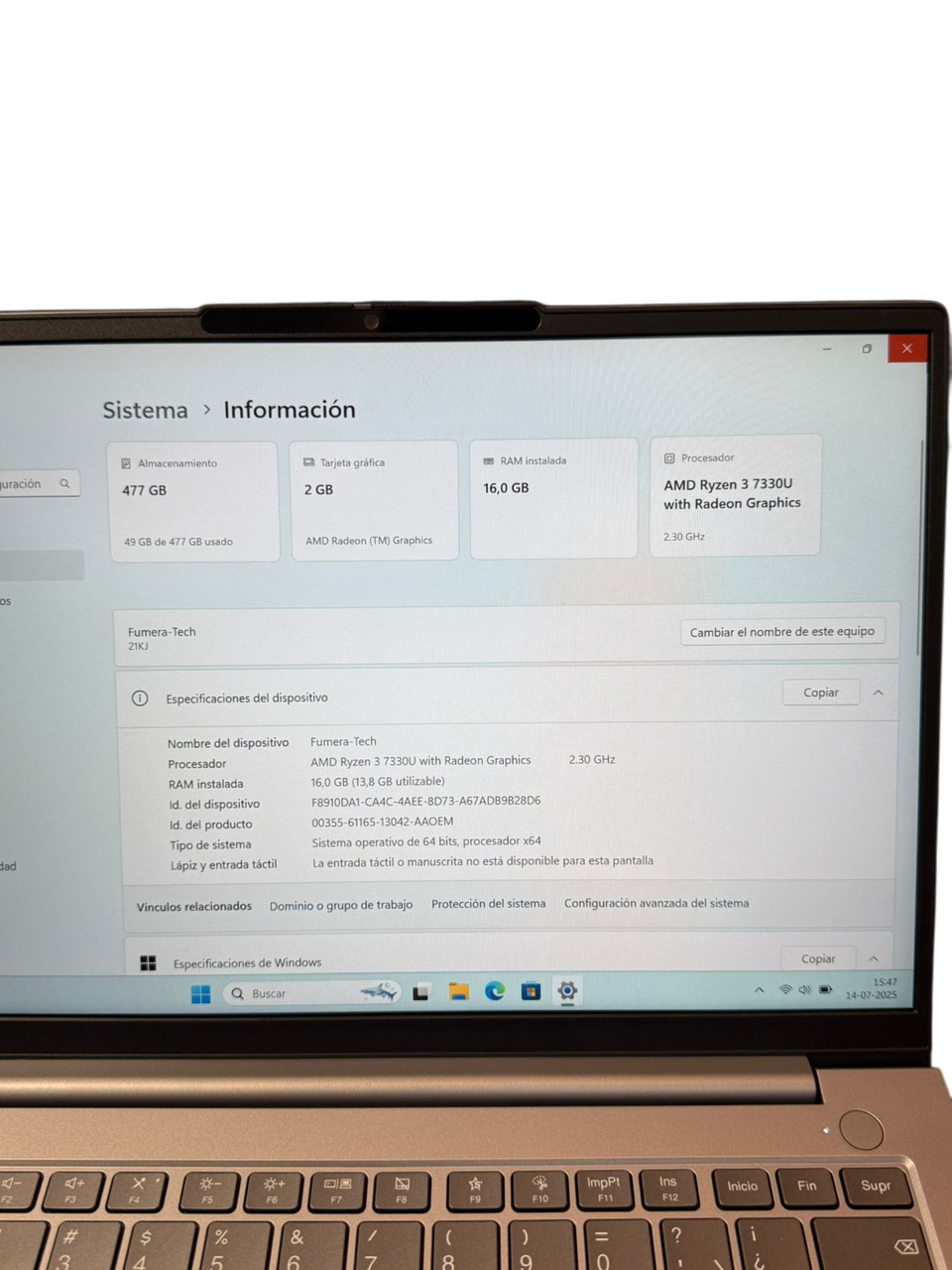 LENOVO THINKBOOK 14 G6 RYZEN 3 SERIE 7000 16 GB RAM 512 GB SSD LECTOR HUELLA WIN-11