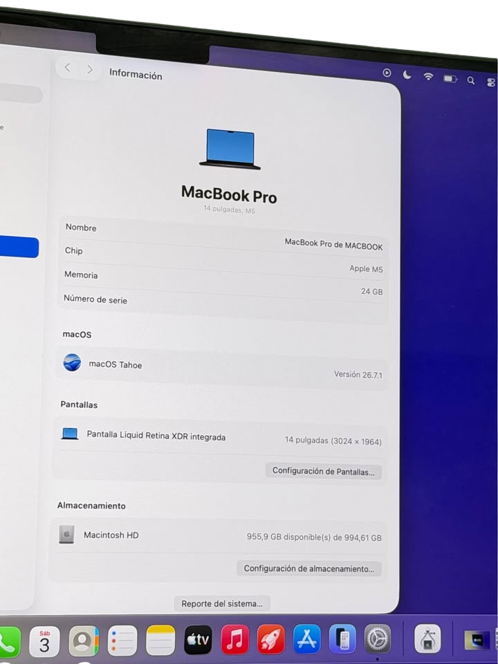 APPLE MACBOOK PRO 14" M5 | 24GB RAM Unificada | 1TB SSD | Pantalla Liquid Retina XDR 120Hz | Batería 100% – Solo 22 Ciclos | Casi Nuevo
