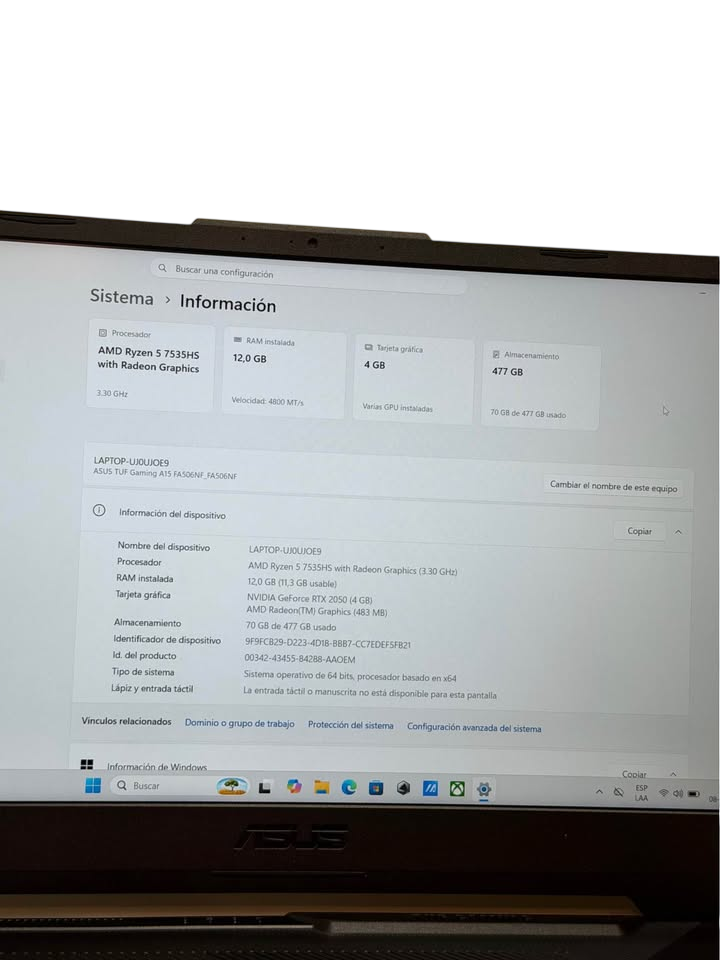 ASUS TUF Gaming A15 | AMD Ryzen 5 7535HS | 12GB RAM DDR5 Expandible | 512GB SSD NVMe | RTX 2050 4GB | 15.6" 144Hz | Teclado RGB