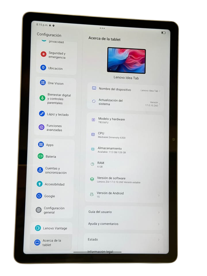 Lenovo Idea Tab 11" TB336FU | MediaTek Dimensity 6300 | 6GB RAM | 128GB | Android 15 | Pantalla Táctil | Wi‑Fi y Bluetooth
