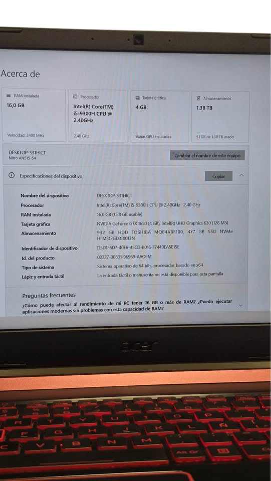 Acer Nitro 15" | i5-9na Gen | 16GB RAM | 512GB SSD + 1TB HDD | GTX 1650 4GB